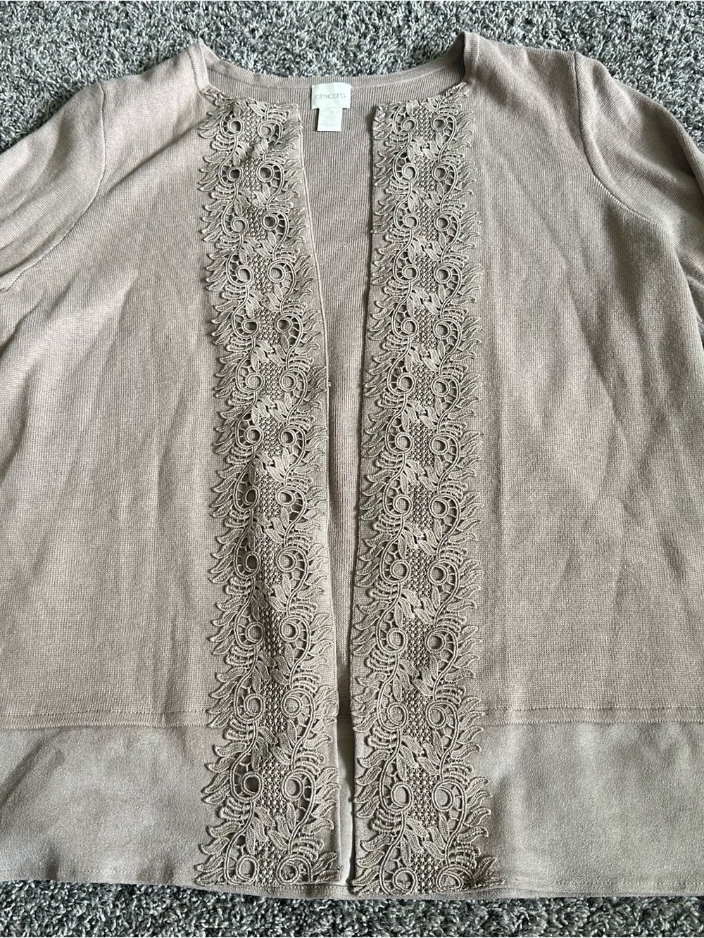 Chico's Taupe Lace-Trim Open Front Cardigan
